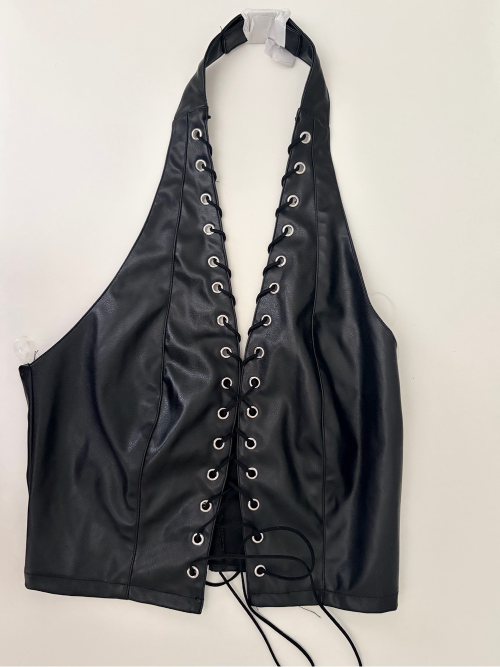 Fashion Nova Black Faux Leather Lace-Up Halter Top